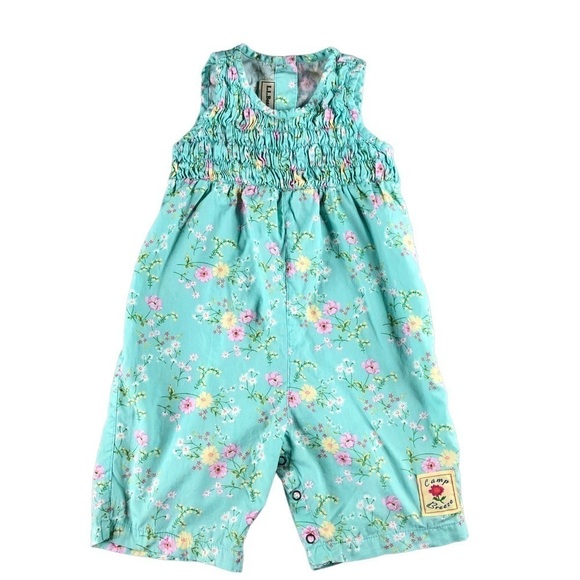 LL Bean Toddler Girls 3T Blue Teal Floral Overall One Piece Romper - Picture 1 of 7